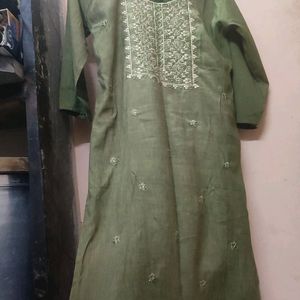 Pista Green Kurti With Golden Embroidery Work