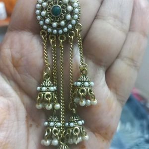 Pearl And Golden Jhumki Layered Earring