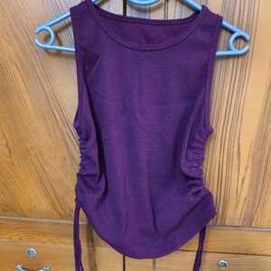 Burgandy Ribbed Sleeves Top With Ruching