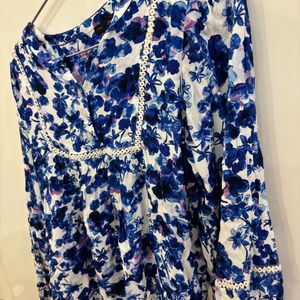 White Blue Floral Cotton Top