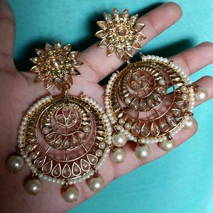 White Gold Pearl Kundan Chandbali Earrings