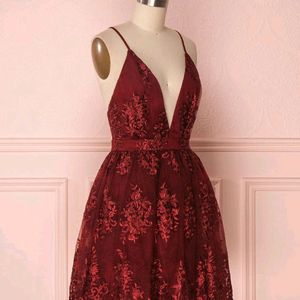 V neck tulle lace short wine colored prom dresses