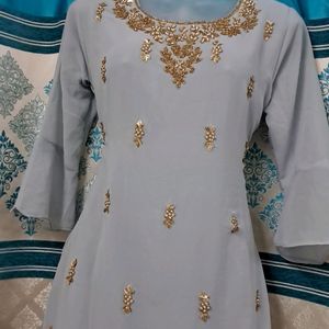 Greyish Sky-blue Sharara Set