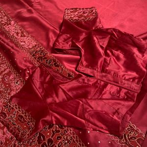 Red Silk Velvet Heavy Work Saree