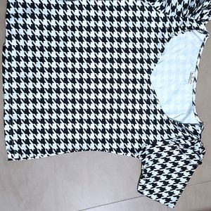 Dream Beauty Fashion Puff Sleeve Polyester Blend Sweetheart Neck Houndstooth Print Form Fitted Black Tee