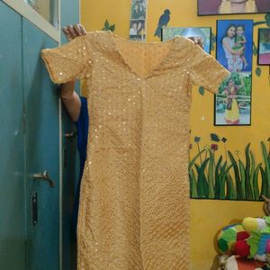 Mirror Work Ladies Kurti, With Cotton Lining Underneath. Golden Colour.