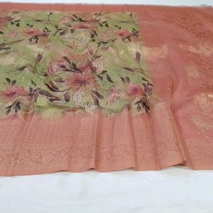 digital print green colour cotton linen saree