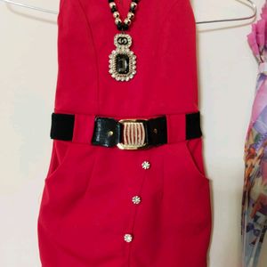 Red Neclace & Belt  Attached Dress For Baby Girl