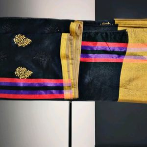 Black Cotton Chanderi Silk Saree