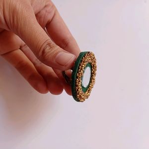 Mirror Dark Green And Golden Adjustable Ring