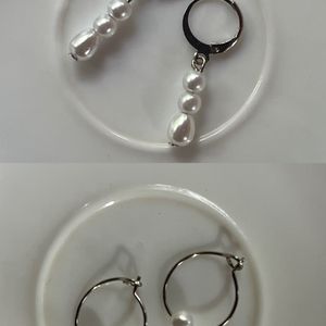 Combo Of 2 Silver Pearl Hoop Earrings