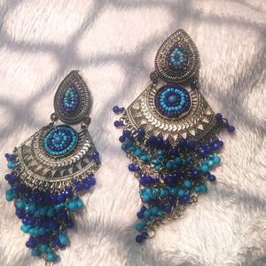 Oxidized Indian Traditional Earrings In Blue