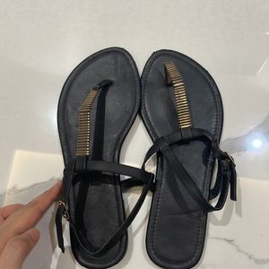 Black And Golden T Strap Sandals