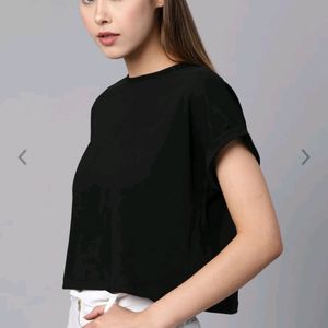 Roadster Women Black Solid Round Neck Boxy Top