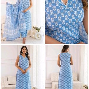 Blue Printed Sleeveless Kurta Set