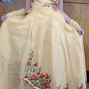 Yellow Designer Embroidered Gown On Eid