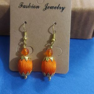 Elegant Orange Silk Thread Bead Earrings