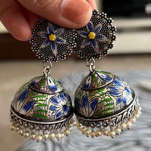 Silver Meenakari Jhumka Blue