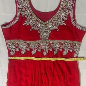 Red Long Flared Gown With Heavy Embroidery