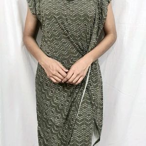 Elegant Olive Green Geometric Printed Drape Dress