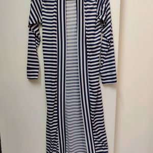 White And Dark Blue Striped Long Shrug (Women)