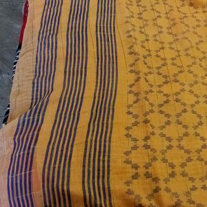 Peach Colour Cotton Checked Saree With Blue Border