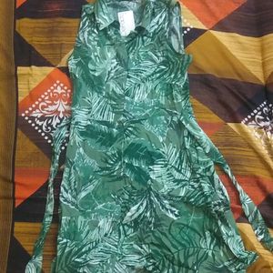 Defacto Green&white Tropical Print Shirt Dress