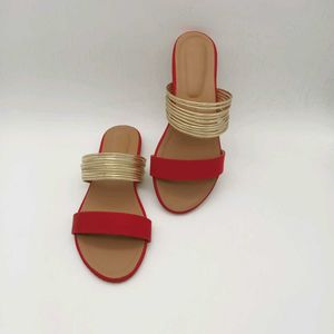 Red And Gold Flat Sandals.