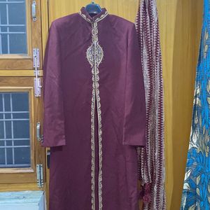 Men Maroon Sherwani With Pyjama & Dupatta