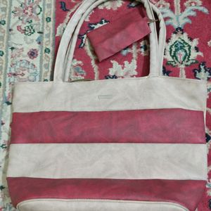 Handbag Bicolour Maroon, Beige,