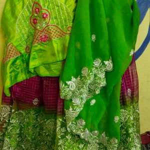 Green And Pink Half Saree/ Lehanga