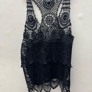 Black Hollow Out Crochet Tie Top