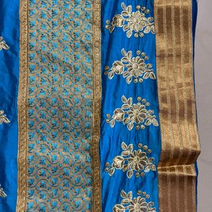 Womens Blue Golden Saree