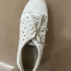 White Shoes with Cute Golden Design