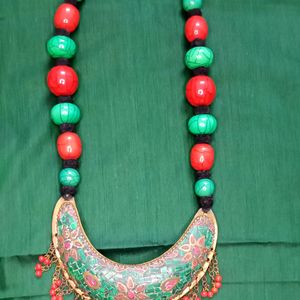 Turquoise Green And Red Bohemian Necklace.