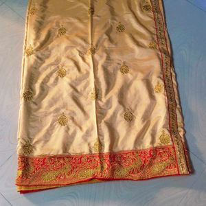 Cream colour satin Designer work saree