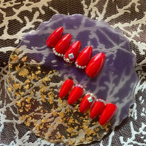 Red Rhinestones Press On Nails