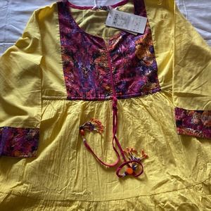 Rain & Rainbow (New with Tag)Lemon yellow Crinkle Tiered Kurta, Size(xl)bust-40”, Waist 36, Length 43”, Fabric Is Cotton