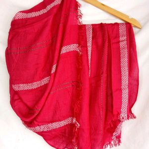 Red Rayon Stole With White Zig Zag Borders