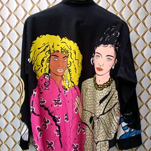 New Premium Satin Black Women Print Art Shirt