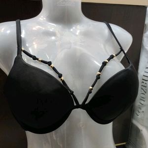 Black Heavy Padded Bikini Top With Golden Beeds