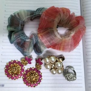 Combo Of Earrings, Cocktail Ring, Scrunchies