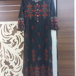 Navy Blue Block Print Straight Kurta Set