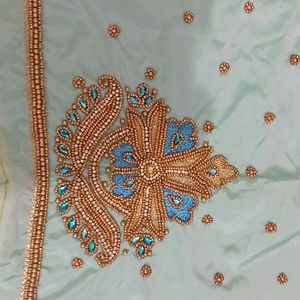 Cyan Colour Aari Work Blouse Piece