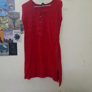 Red Sleeveless Chikankari Kurtha