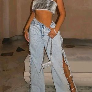 Side Slit Rhinestone Hanging Wide Legged Jeans