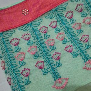 Organza Green Saree With Embroidery