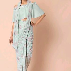 Sage Floral Foil Pre- Stitched Saree