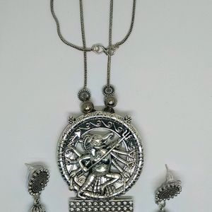 SILVER OXIDIZED NECKLACE CHAIN SET WITH JHUMKI.