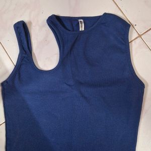 Shoulder Cut Dark Blue Crop Top